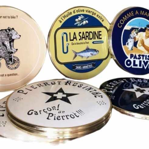 Plateaux de table émaillé Ø60cm, cerclage laiton, pied en fonte - Sélénium