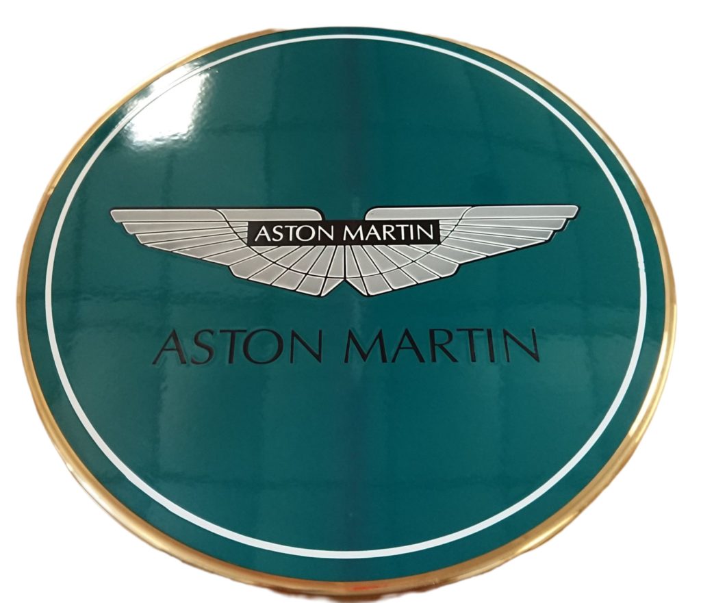 Plateau de table émaillé Ø60cm, cerclage laiton, pied en fonte, Aston Martin - Sélénium