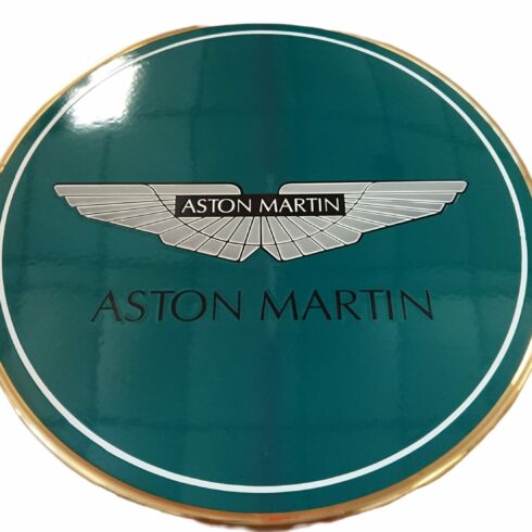 Plateau de table émaillé Ø60cm, cerclage laiton, pied en fonte, Aston Martin - Sélénium