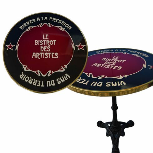 Plateau de table émaillé Ø60cm, cerclage laiton, pied en fonte, Le bistrot des artistes - Sélénium