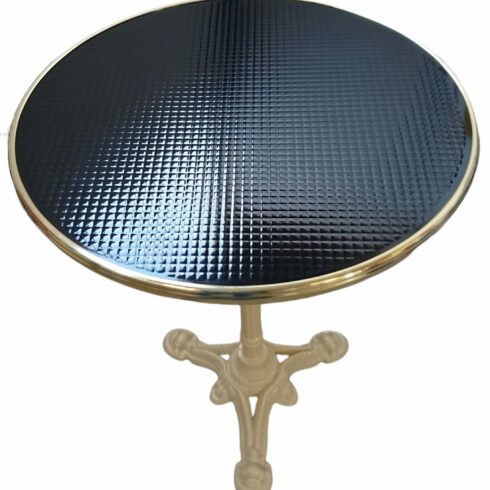 Plateau de table de bistrot émaillée, Ø60cm cerclage, laiton, pied en fonte, Noir damassé - Sélénium